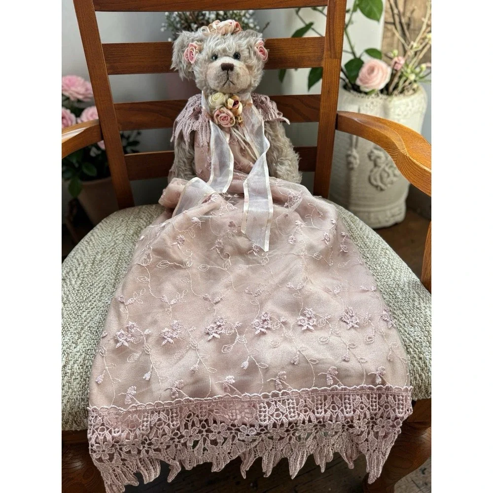 Vintage Plush Teddy Bear Doll W/Lace Dress & Floral Detail Cottagecore Aesthetic